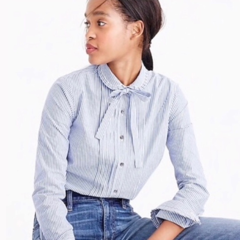 J. Crew Striped Tie Neck Tuxedo Ruffle Blue Shirt